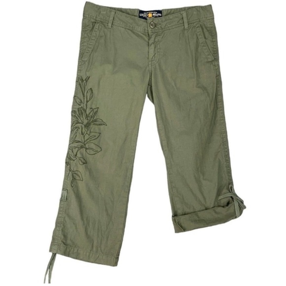 Women's Lucky Brand Army Green embroidered Roll Cuff Capris, Size 4 - Picture 2 of 5